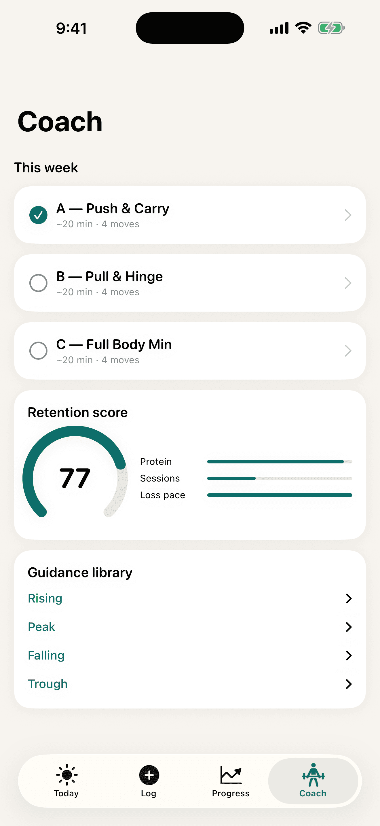 Feelforecast Coach screen with protein target and retention score