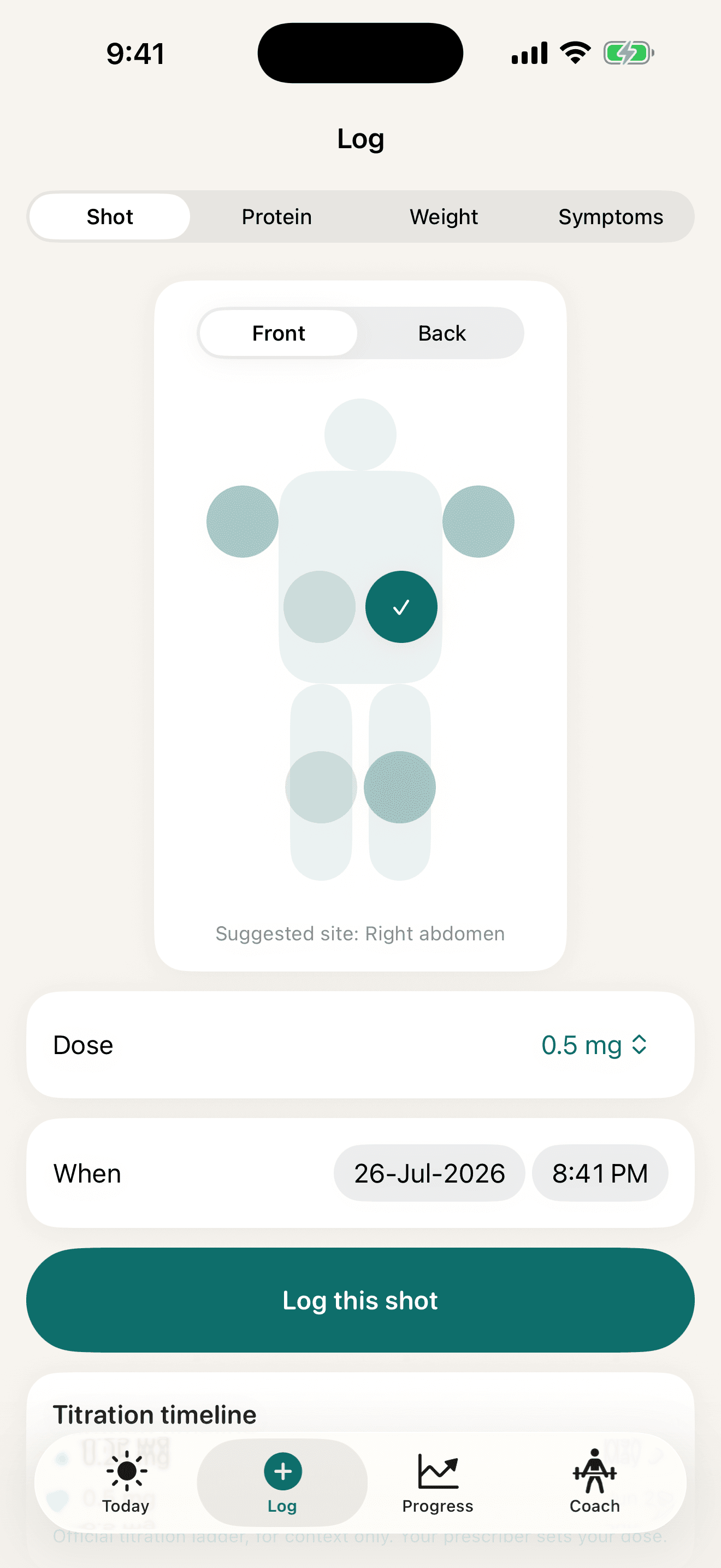Feelforecast injection tracker with body-map site rotation